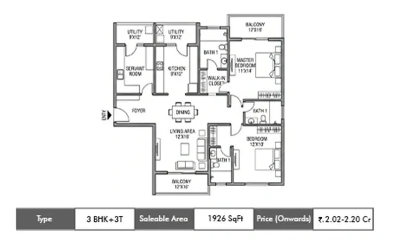Assetz Naru and Nami 3 BHK floor plan, 1926 sq ft saleable area