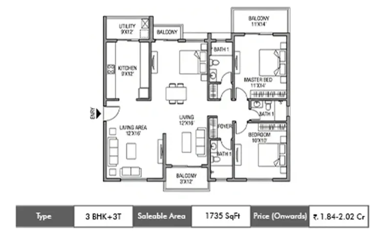 Assetz Naru and Nami 3 BHK floor plan, 1735 sq ft saleable area